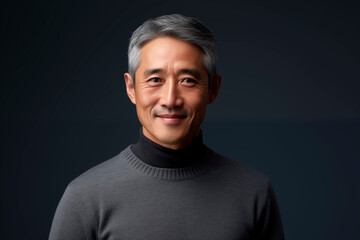 Obraz premium Mature man in gray sweater with a gentle smile, portrait of elegance and confidence.