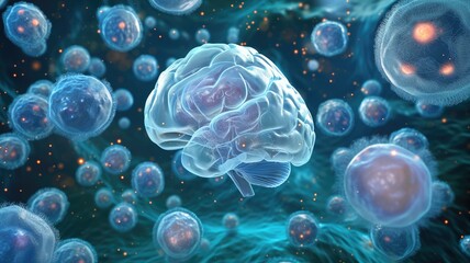 Transparent brain with blue glows among cellular structures, symbolizing thought