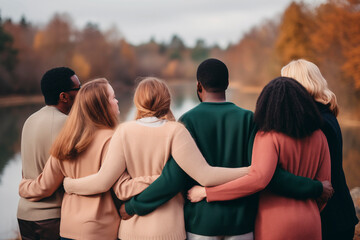 Back view of a group of friends embracing and enjoying an autumnal lakeside landscape at sunset.