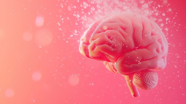 3D brain illustration with water droplets on a vibrant red background