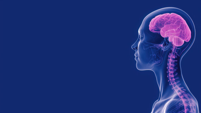 X-ray view of a human profile with highlighted brain and spine - Powered by Adobe