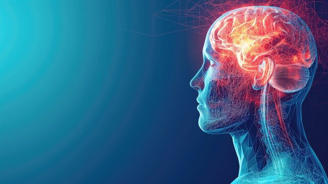 Digital brain illustration with network connections on blue background