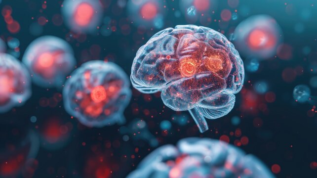 Digital concept of a brain in a virtual environment with glowing elements