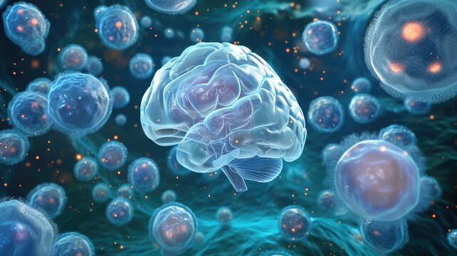 Transparent brain with blue glows among cellular structures, symbolizing thought