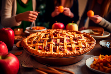 Homemade apple pie on a festive table, symbolizing tradition and family gathering.