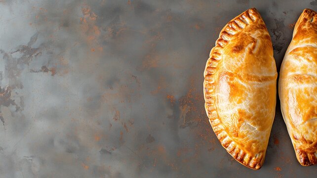 Golden empanadas on a textured gray background
