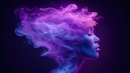 Woman with purple and blue smoke around her head on dark background