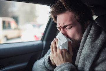 Man sneezing in a car, using a tissue, possibly with symptoms of a cold.