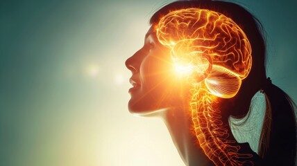 Profile of a woman with glowing brain illustration on a sunny background - obrazy, fototapety, plakaty