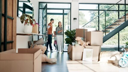 Family moving, new home and children running with parents excited for mortgage and real estate. Happy father, mother and kids walking in front door with boxes for dream house, property and investment