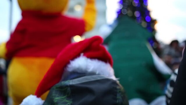 Red cap of Santa Claus on boy close-up in complex Losinyj Ostrov