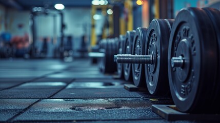 Gym Dumbbells Lined Up on Polished Floor.