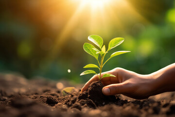 Hand holding small tree for planting. Sunlight.Concept green world earth day