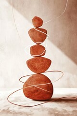 Abstract zen, calming in balance stack of rocks with red and white wave with dynamic contrast of earth and sea, captured in a vibrant painting of textured rocks adorned with a bold red and white wave.