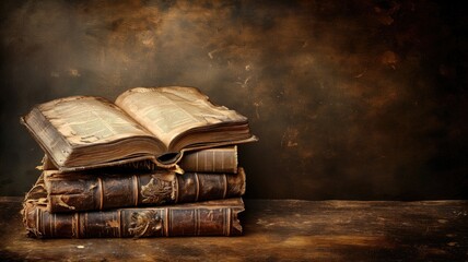 Stack of ancient books with weathered pages on a rustic table - obrazy, fototapety, plakaty