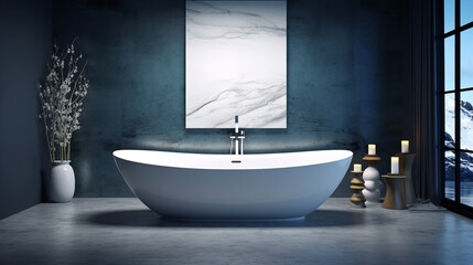 Interior of modern bathroom with bathtub and mirror