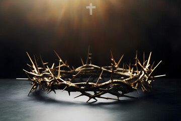 the crown of thorns of Jesus on black background against window light with copy space, can be used for Christian background, Easter concept - obrazy, fototapety, plakaty