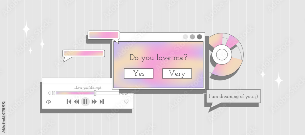 Sticker valentine's day banner with hearts. retro computer interface aesthetics. background with browser ele