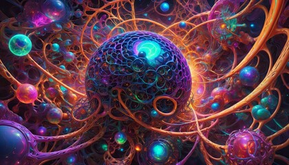 Abstract cosmic network with vibrant orbs and energy patterns against a dark starry background, symbolizing interconnectedness and a mystical universe.
