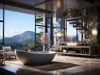 Fototapeta premium Interior of modern bathroom with bathtub and mirror