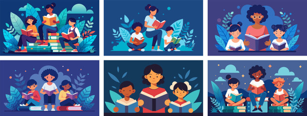 Diverse children and adults engaged in reading activities, vector illustrations set