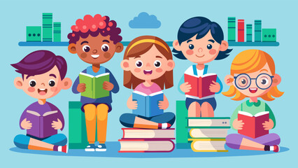 Diverse group of cartoon children enjoying reading books together