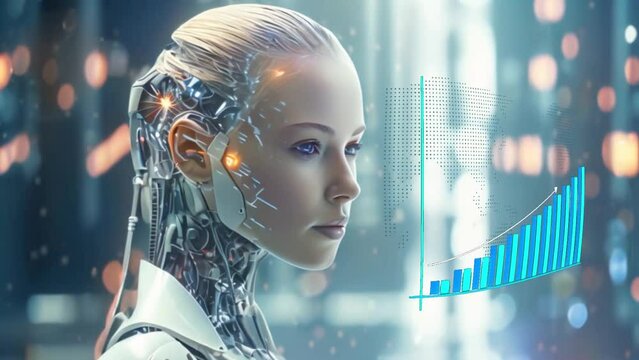 Jóven y bella mujer humanoide, mitad humana, mitad robot observa un gráfico de barras que muestra el crecimiento de la Inteligencia Artificial y la Robótica integrandose con los humanos.