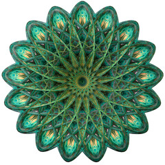 Abstract mandala shapes on transparent backgrounds. Highly detailed, symmetrical, luxurious and elegant designs. With shades of green, cyan, yellow, orange, black