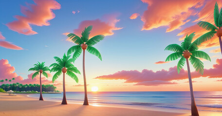 Fototapeta na wymiar Seaside Tranquility: Palm Trees at Sunset in Modern Vintage Palette