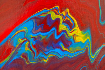 Fluid art painting. Abstract decorative marble texture. Background with liquid acrylic. Mixed paints for poster or wallpaper. Modern art. Psychedelic colors. Blue, golden, red, yellow, orange. 