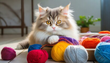 A cute cat playing with colorful wool