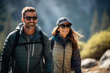Happy man and woman hike outdoors in the mountains
