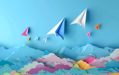 Colorful paper cut airplanes flying above the rainbow colored clouds and mountains with a blue sky background. origami paper cut art style. 