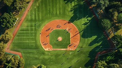 Aerial view of a perfectly manicured baseball diamond with players in position for a game. [Aerial view of manicured baseball diamond with players