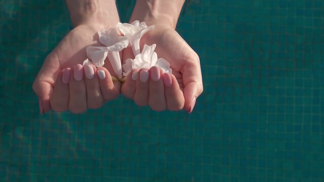 In this close up slow motion video, female hands adorned with a natural pink elegant manicure showcase beauty in every graceful movement.