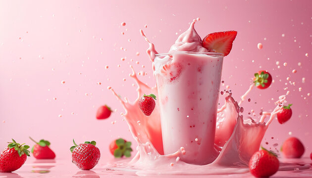 glass of strawberry smoothie or milkshake with splash and falling strawberries