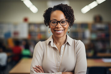 African American school teacher portrait inside a student classroom