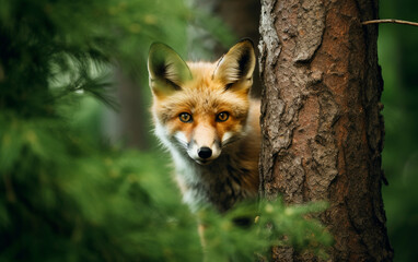 Naklejka na ściany i meble curious fox peeking out from behind a tree, AI Generative.