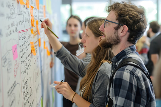 Team members sketching ideas on whiteboards or using digital tools.