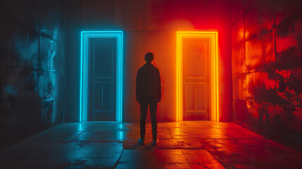 Silhouette of a man standing at a crossroads between two neon-lit doors, one red and one blue