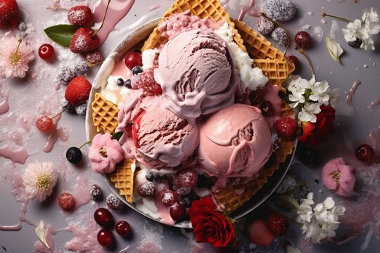 Tasty ice cream with berries and flowers on color background, closeup