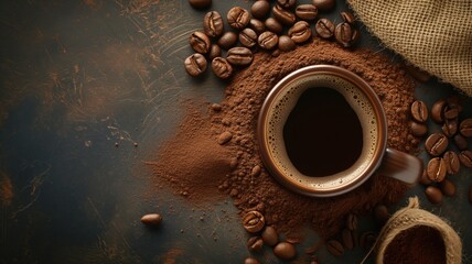 Coffee cup surrounded by ground coffee and beans on a dark surface - obrazy, fototapety, plakaty