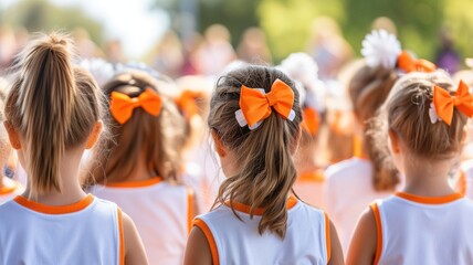 Back view of children with orange bows in their hair at a sports event - obrazy, fototapety, plakaty