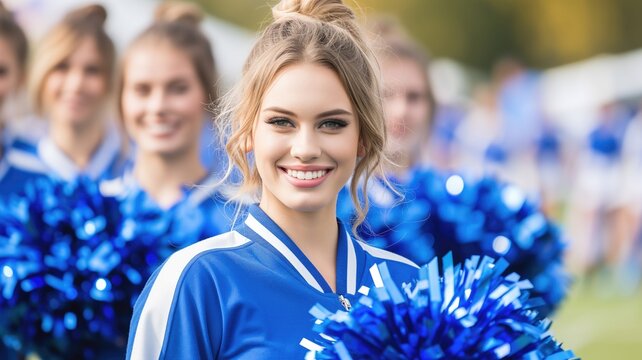 Portrait of a cheerful blonde cheerleader with blue pompoms