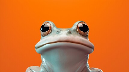 An animated frog with a mischievous smile against a bright orange backdrop. - obrazy, fototapety, plakaty