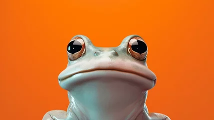 Foto op Plexiglas An animated frog with a mischievous smile against a bright orange backdrop. © Ibraheem