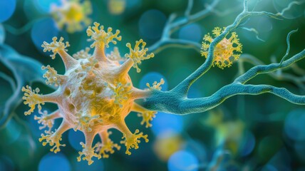 Neurons and glial cells with yellow and blue tones