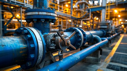 Large pipes and valves at an oil processing facility, showcasing the intricate infrastructure. [Pipes and valves at oil processing facility - obrazy, fototapety, plakaty