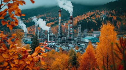 Oil extraction site in the midst of autumn, with colorful foliage contrasting the industrial setting. [Oil extraction site in autumn setting