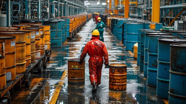 Workers transporting barrels of crude oil for storage at a busy industrial facility. [Workers transporting barrels of crude oil